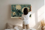 Paul Sinus Wandbild 120x80cm Weiße Chrysanthemen mit Vögeln Klassische Natur Kunst in Blau Grün und Creme für Wohnzimmer Schlafzimmer Büro