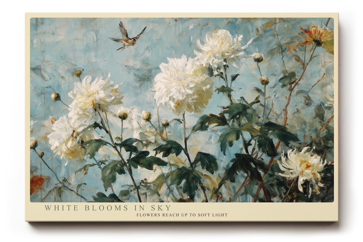 Paul Sinus Wandbild 120x80cm Weisse Gartenblumen gegen Himmel Botanische Kunst in Blau und Weiss Wanddekoration