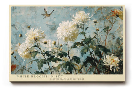 Paul Sinus Wandbild 120x80cm Weisse Gartenblumen gegen Himmel Botanische Kunst in Blau und Weiss Wanddekoration