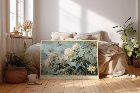 Paul Sinus Wandbild 120x80cm Weisse Gartenblumen gegen Himmel Botanische Kunst in Blau und Weiss Wanddekoration
