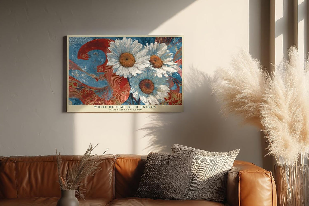 Paul Sinus Wandbild 120x80cm Weiße Margeriten mit abstraktem Hintergrund – Moderne Blumenkunst mit starken Farben für lebendige Wohnräume