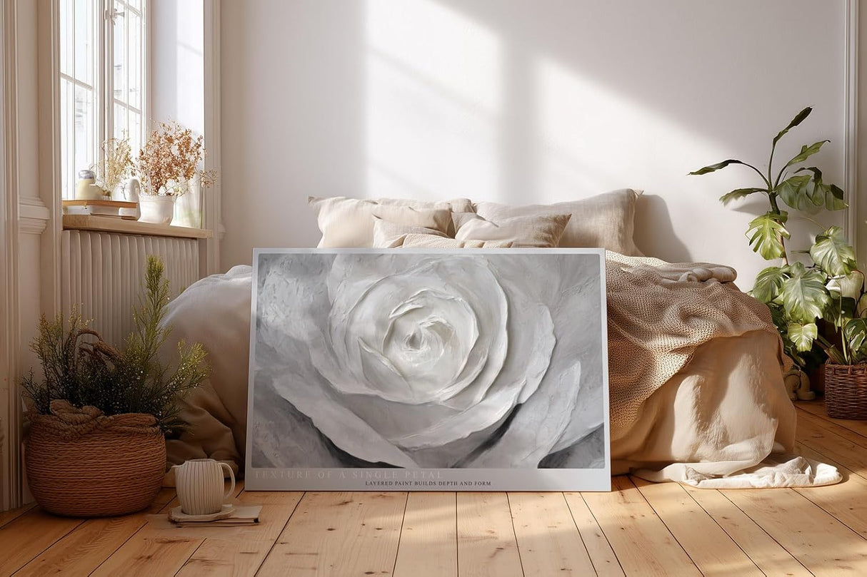 Paul Sinus Wandbild 120x80cm Weisse Rose Makro Kunstmotiv Abstrakte Blumenstruktur mit sanften Formen und moderner Eleganz