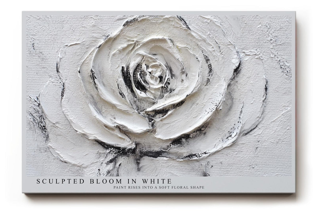 Paul Sinus Wandbild 120x80cm Weisse Rose Relief Blumen Kunst Moderne Strukturmalerei Elegantes Florales Kunstmotiv in Weiss und Grau