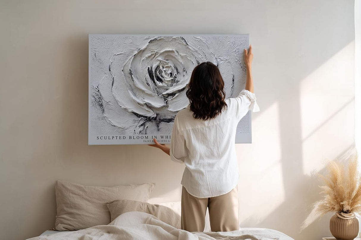 Paul Sinus Wandbild 120x80cm Weisse Rose Relief Blumen Kunst Moderne Strukturmalerei Elegantes Florales Kunstmotiv in Weiss und Grau