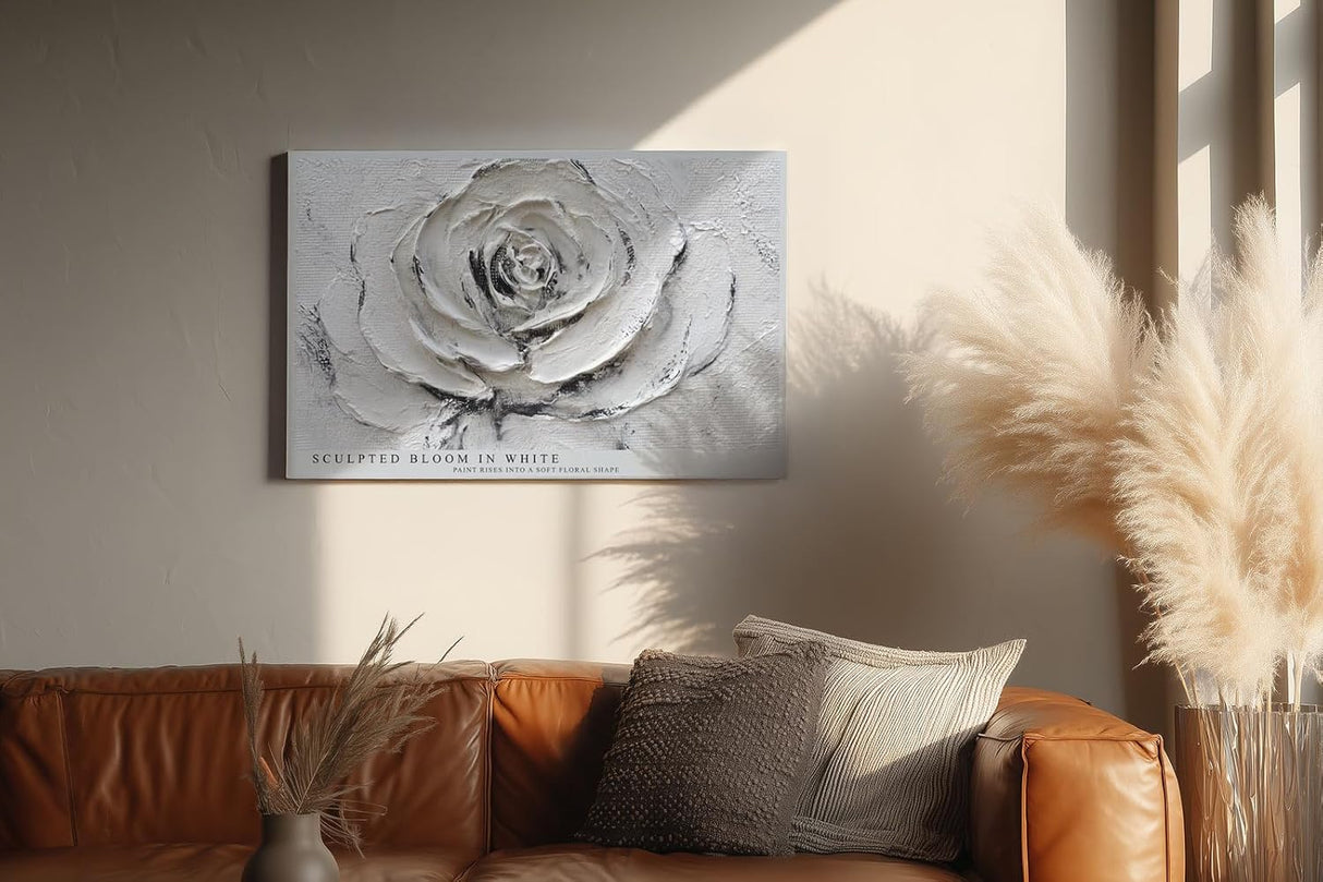 Paul Sinus Wandbild 120x80cm Weisse Rose Relief Blumen Kunst Moderne Strukturmalerei Elegantes Florales Kunstmotiv in Weiss und Grau