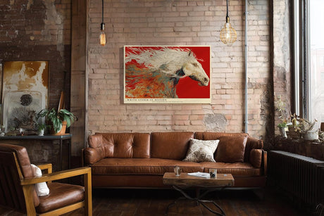 Paul Sinus Wandbild 120x80cm weisses Pferd abstrakte Bewegungskunst rot creme modernes Tiermotiv Kunstdruck grosses Wandbild 120x80cm elegante Wanddekoration fuer Wohnzimmer Büro