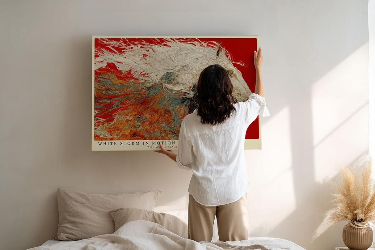 Paul Sinus Wandbild 120x80cm weisses Pferd abstrakte Bewegungskunst rot creme modernes Tiermotiv Kunstdruck grosses Wandbild 120x80cm elegante Wanddekoration fuer Wohnzimmer Büro