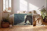 Paul Sinus Wandbild 120x80cm weisses Pferd im Schneesturm kraftvolle Tierfotografie Winterlandschaft dynamische Natur Wanddekoration fuer Wohnzimmer Büro