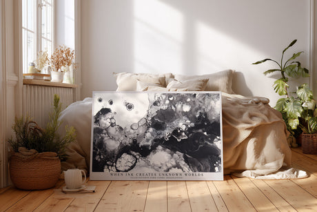 Paul Sinus Wandbild When Ink Creates Unknown Worlds abstraktes Schwarz-Weiß-Motiv mit fließenden Strukturen und Tiefenwirkung