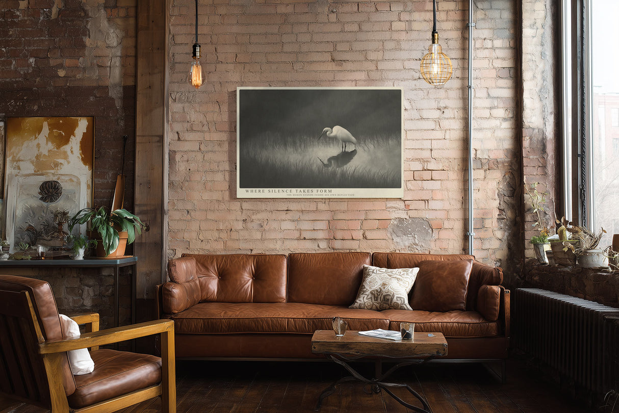 Paul Sinus Wandbild Where Silence Takes Form Minimalist Heron Scene in Mist and Reflection