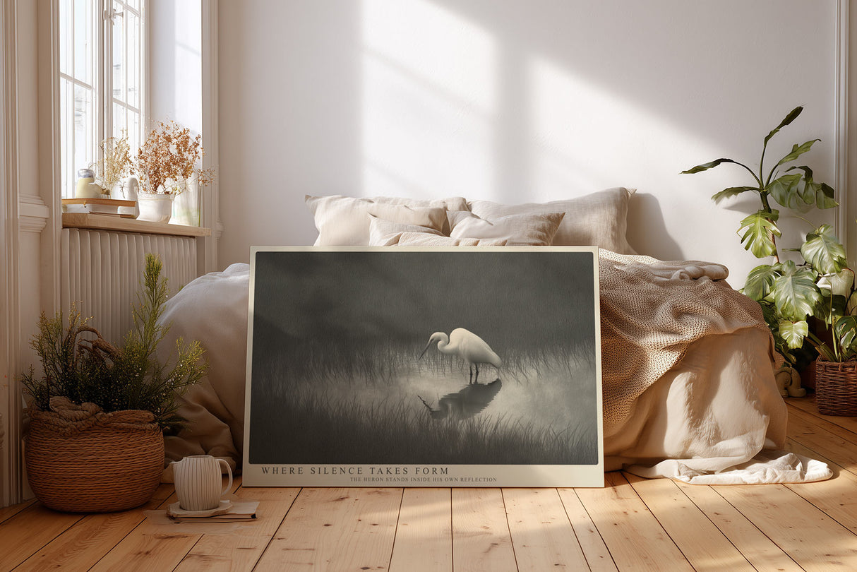 Paul Sinus Wandbild Where Silence Takes Form Minimalist Heron Scene in Mist and Reflection