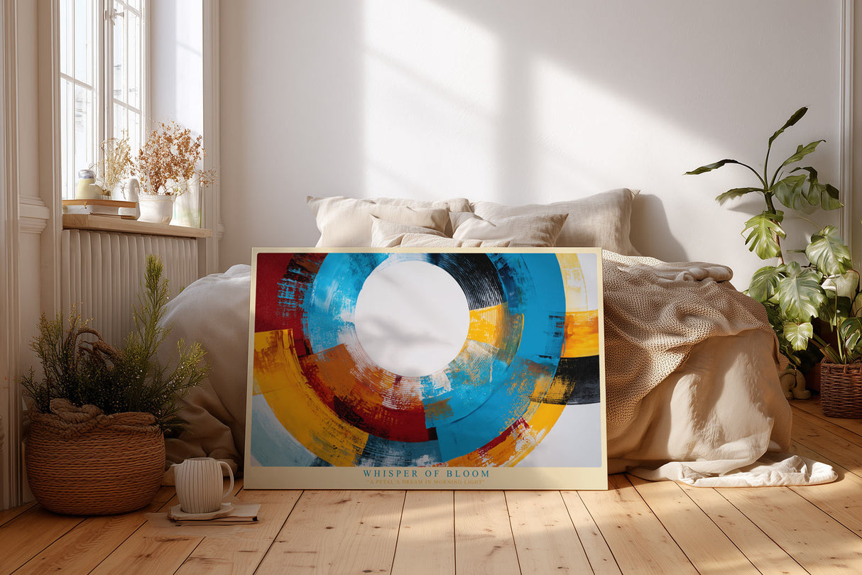 Paul Sinus Wandbild Whisper of Bloom abstraktes Farbmotiv mit kreisförmiger Bewegung in Blau, Gelb und Rot