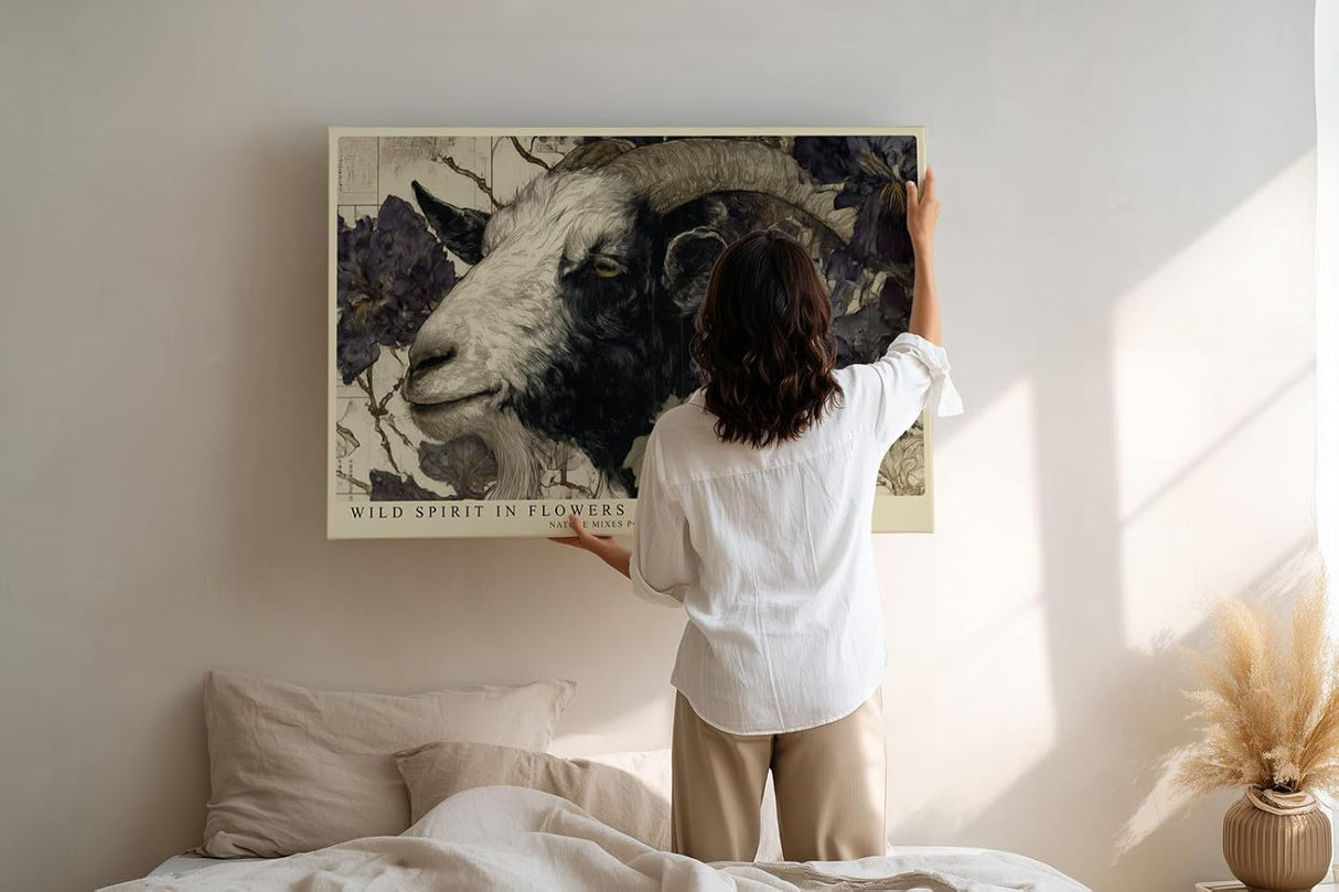 Paul Sinus Wandbild 120x80cm Widder zwischen Blumen – Künstlerisches Tierporträt mit floraler Naturkomposition