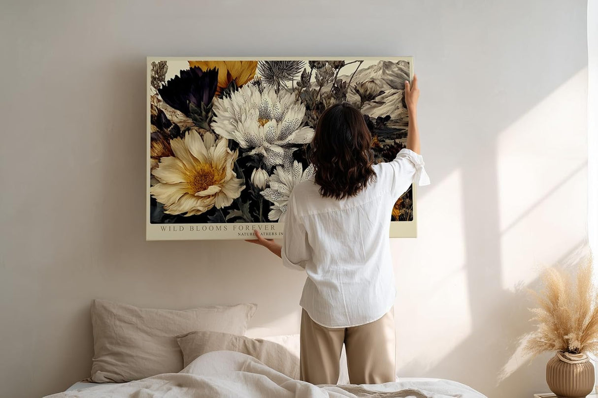 Paul Sinus Wandbild 120x80cm wilde Blumen Landschaft florale Naturkunst beige gold schwarz elegante Blumen Wanddekoration fuer Wohnzimmer Büro