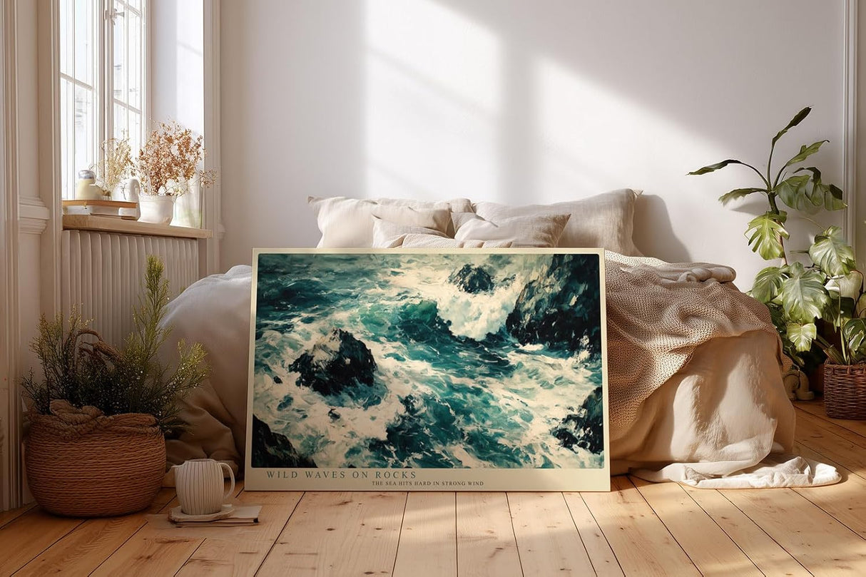 Paul Sinus Wandbild 120x80cm Wilde Meereswellen auf Felsen Natur Kunst in Blau Weiss Wanddekoration