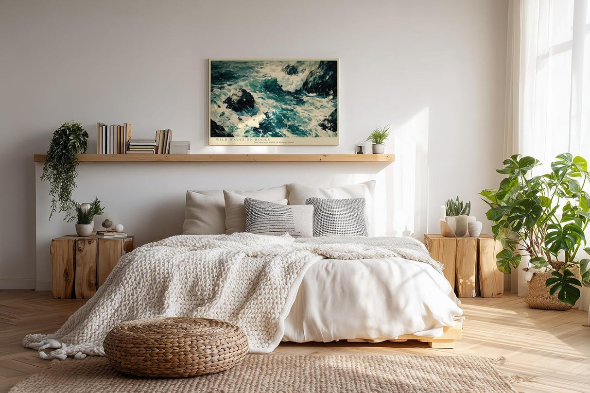 Paul Sinus Wandbild 120x80cm Wilde Meereswellen auf Felsen Natur Kunst in Blau Weiss Wanddekoration