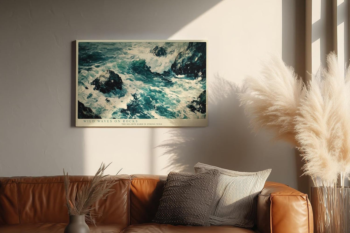 Paul Sinus Wandbild 120x80cm Wilde Meereswellen auf Felsen Natur Kunst in Blau Weiss Wanddekoration