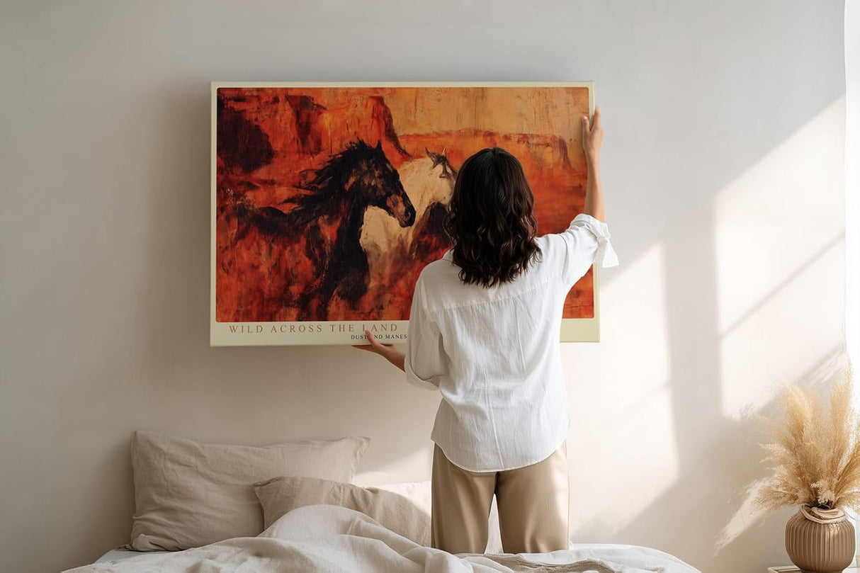 Paul Sinus Wandbild 120x80cm wilde Pferde Landschaft moderne Tiermalerei warmes Wuestenmotiv Wanddekoration fuer Wohnzimmer Büro