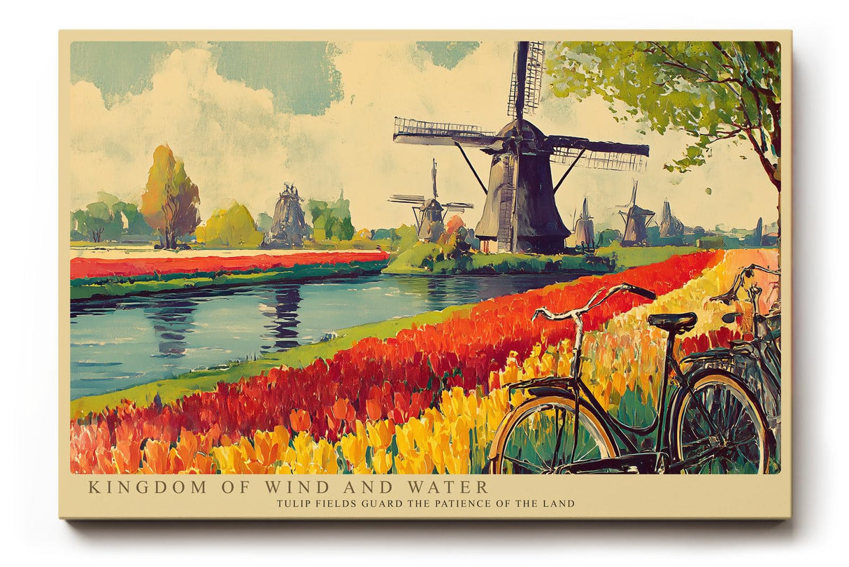 Paul Sinus Wandbild 120x80cm Windmuehlen und Tulpenfelder Holland Landschaft in Rot Gruen und Blau