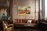 Paul Sinus Wandbild 120x80cm Windmuehlen und Tulpenfelder Holland Landschaft in Rot Gruen und Blau