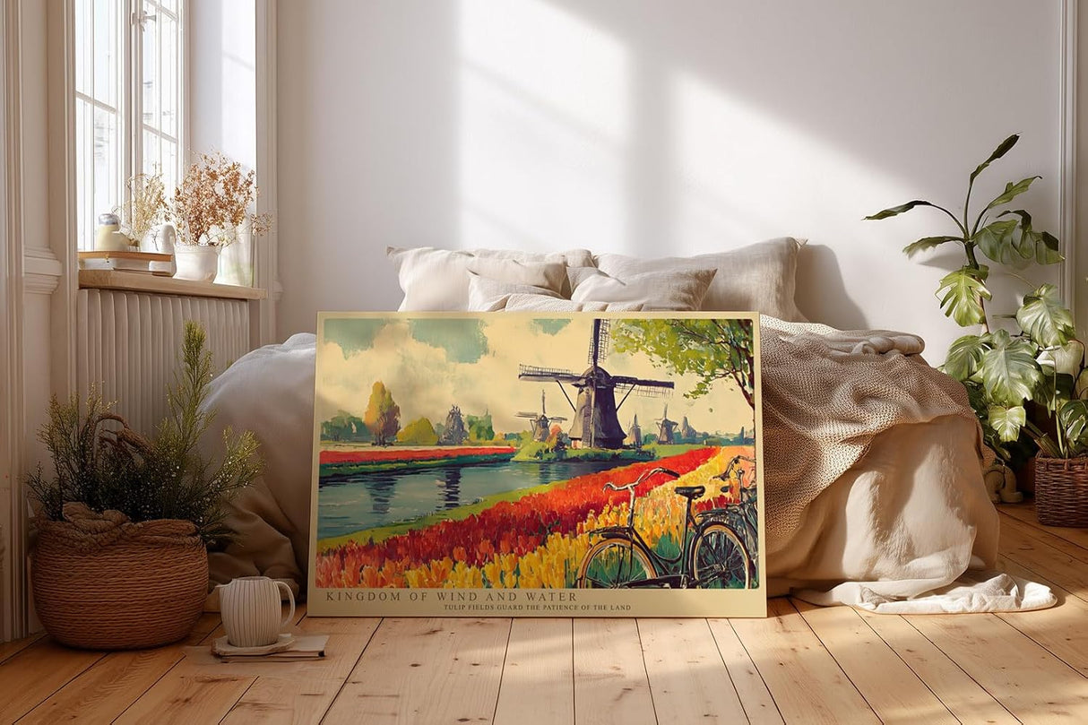 Paul Sinus Wandbild 120x80cm Windmuehlen und Tulpenfelder Holland Landschaft in Rot Gruen und Blau