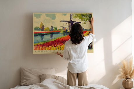 Paul Sinus Wandbild 120x80cm Windmuehlen und Tulpenfelder Holland Landschaft in Rot Gruen und Blau