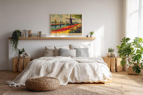 Paul Sinus Wandbild 120x80cm Windmuehlen und Tulpenfelder Holland Landschaft in Rot Gruen und Blau