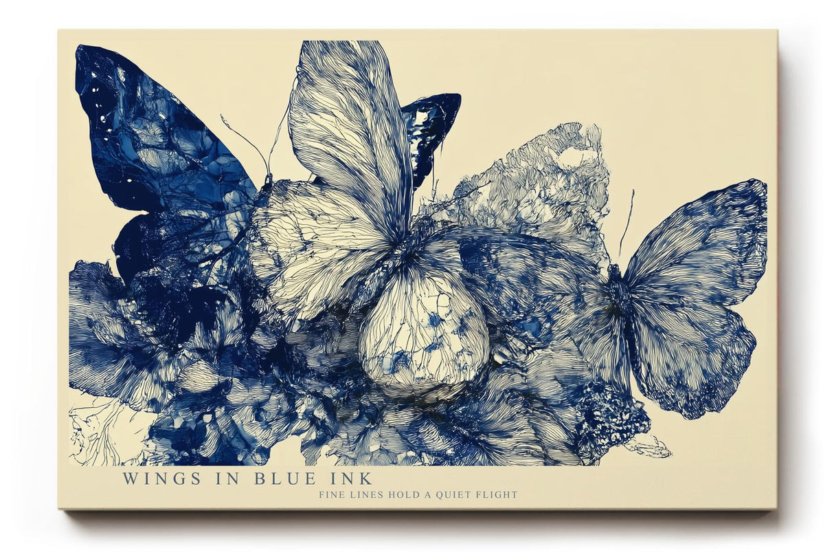 Paul Sinus Wandbild 120x80cm Wings in Blue Ink Abstrakte Schmetterlinge in Blau Tinten Illustration Natur Kunst fuer Wohnzimmer Schlafzimmer und Büro