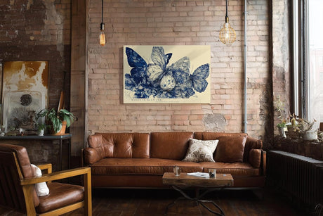 Paul Sinus Wandbild 120x80cm Wings in Blue Ink Abstrakte Schmetterlinge in Blau Tinten Illustration Natur Kunst fuer Wohnzimmer Schlafzimmer und Büro