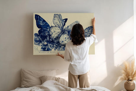 Paul Sinus Wandbild 120x80cm Wings in Blue Ink Abstrakte Schmetterlinge in Blau Tinten Illustration Natur Kunst fuer Wohnzimmer Schlafzimmer und Büro