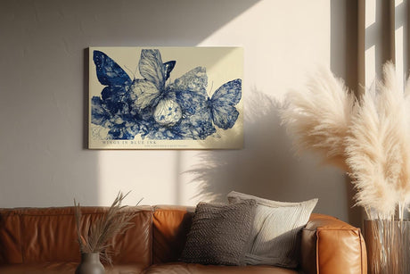 Paul Sinus Wandbild 120x80cm Wings in Blue Ink Abstrakte Schmetterlinge in Blau Tinten Illustration Natur Kunst fuer Wohnzimmer Schlafzimmer und Büro