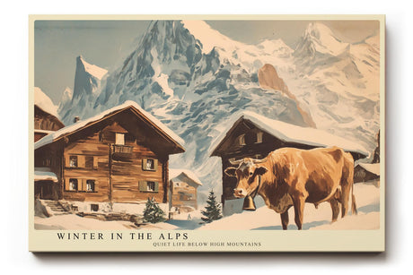 Paul Sinus Wandbild 120x80cm Winter Alpen Landschaft Chalet Kuh LeinWandbild 120x80cm Bergdorf Natur Wanddekoration