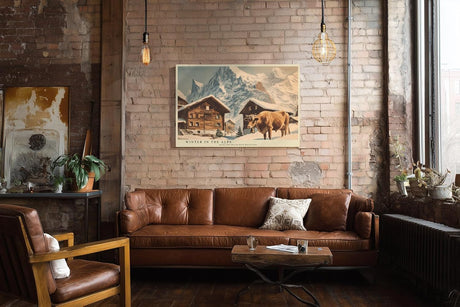 Paul Sinus Wandbild 120x80cm Winter Alpen Landschaft Chalet Kuh LeinWandbild 120x80cm Bergdorf Natur Wanddekoration