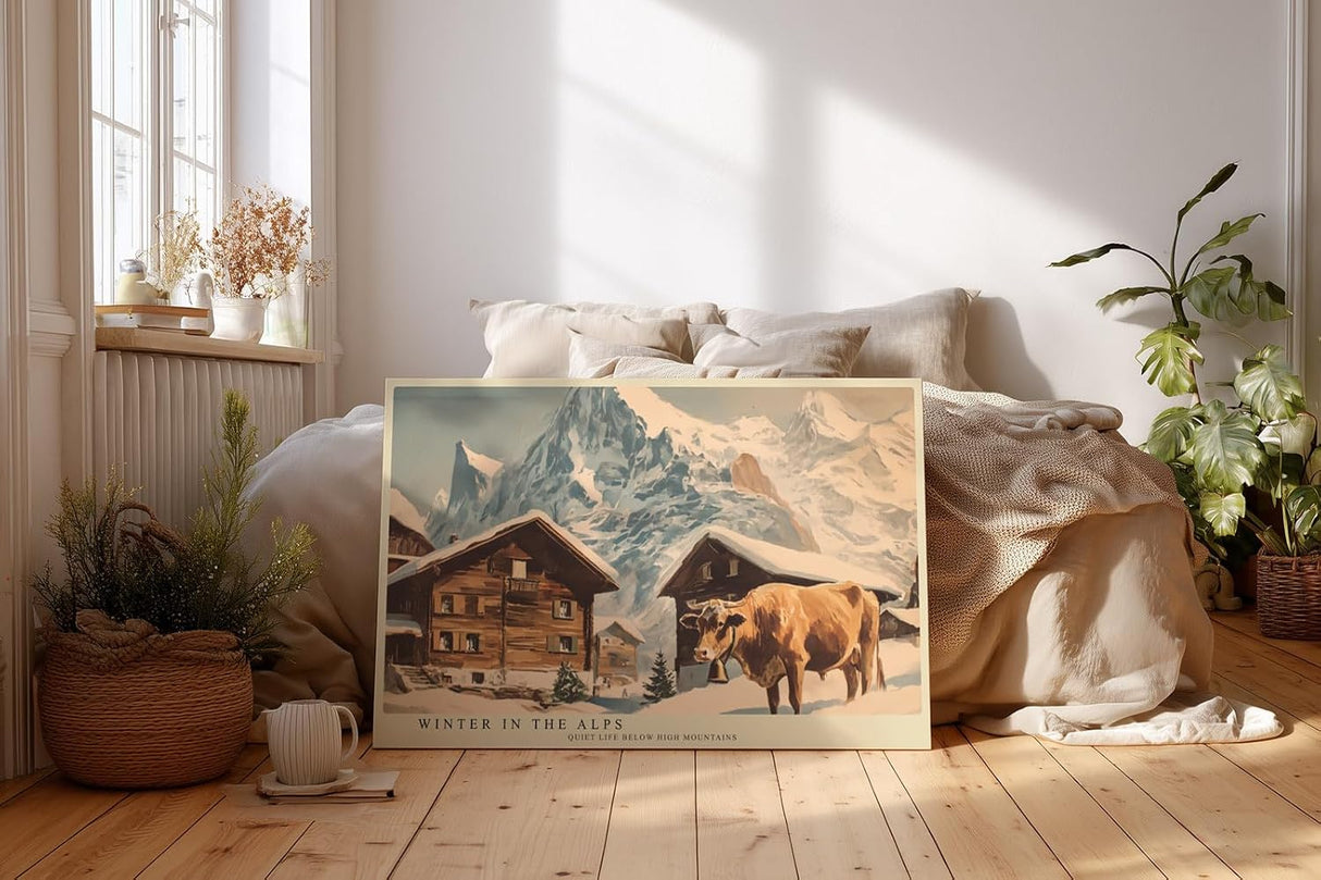 Paul Sinus Wandbild 120x80cm Winter Alpen Landschaft Chalet Kuh LeinWandbild 120x80cm Bergdorf Natur Wanddekoration