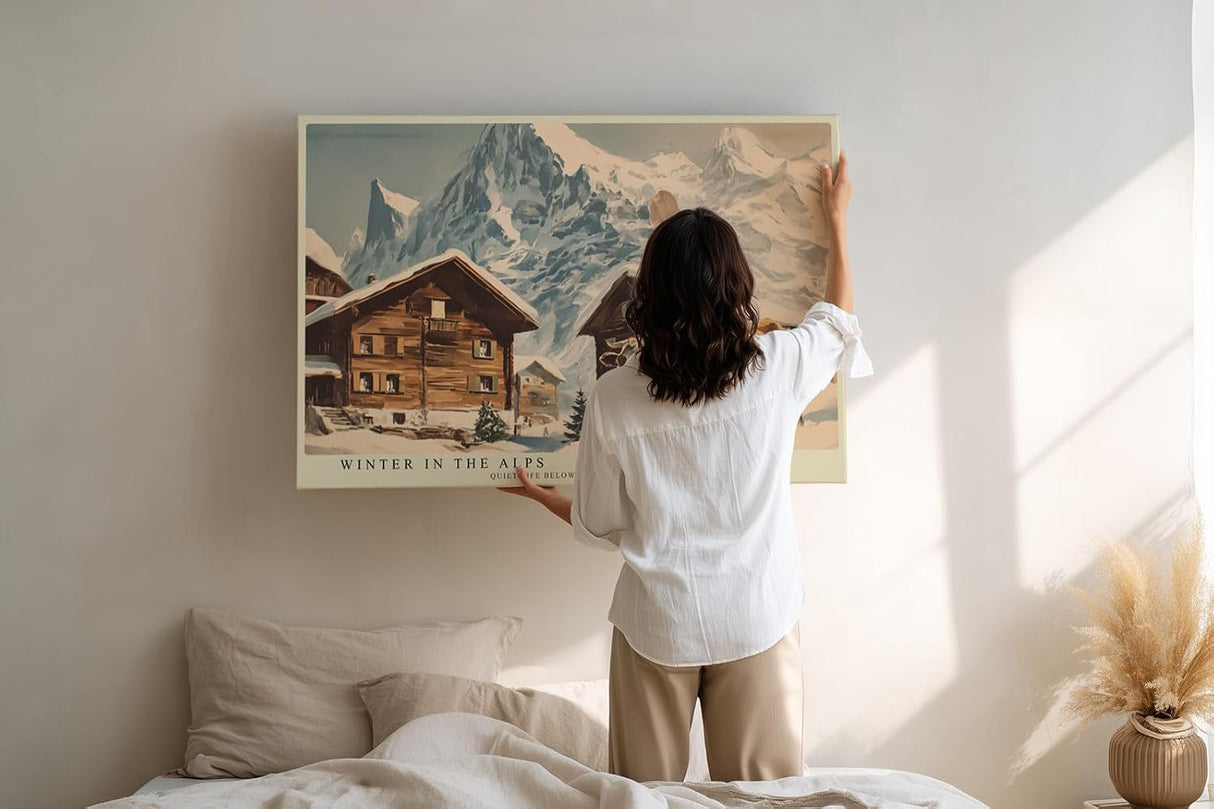 Paul Sinus Wandbild 120x80cm Winter Alpen Landschaft Chalet Kuh LeinWandbild 120x80cm Bergdorf Natur Wanddekoration