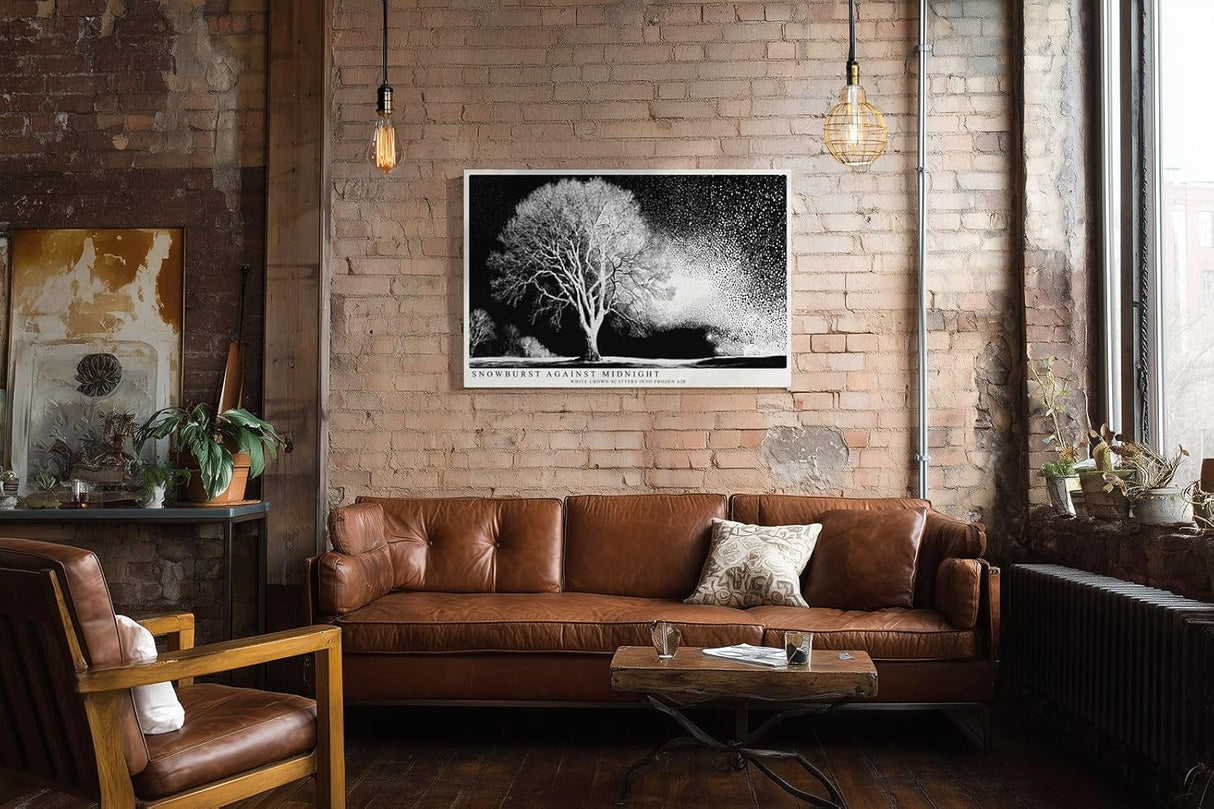 Paul Sinus Wandbild 120x80cm Winterbaum Schneesturm Schwarz Weiss Kontrastreiche Naturkunst Minimalistische Landschaft für Wohnzimmer Büro Flur