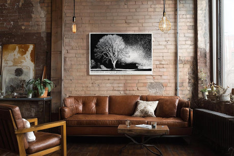 Paul Sinus Wandbild 120x80cm Winterbaum Schneesturm Schwarz Weiss Kontrastreiche Naturkunst Minimalistische Landschaft für Wohnzimmer Büro Flur