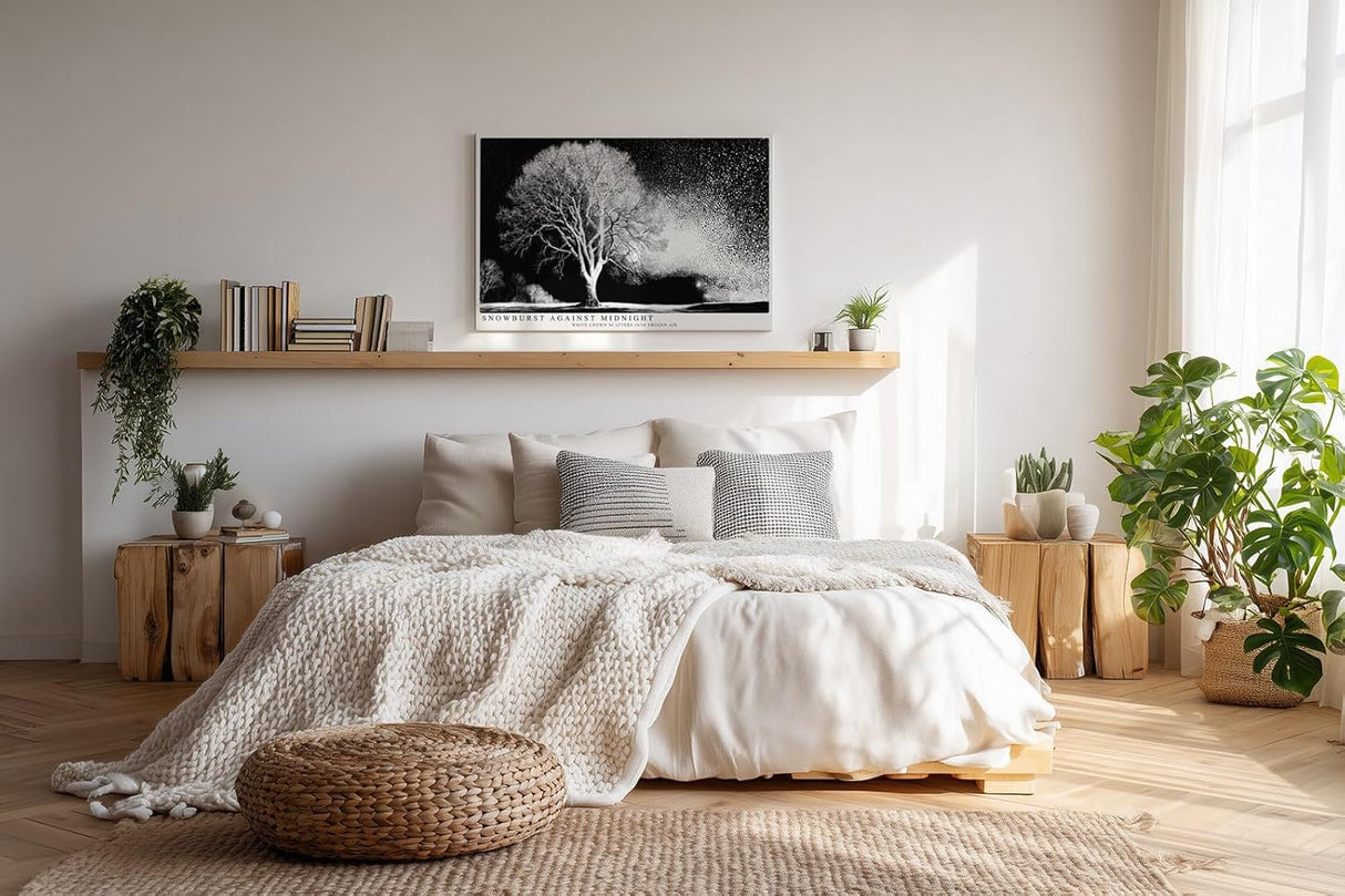 Paul Sinus Wandbild 120x80cm Winterbaum Schneesturm Schwarz Weiss Kontrastreiche Naturkunst Minimalistische Landschaft für Wohnzimmer Büro Flur