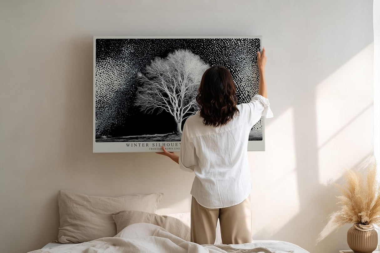 Paul Sinus Wandbild 120x80cm Winterbaum Schwarz Weiss Kontrastreiche Naturkunst Minimalistische Landschaft für Wohnzimmer Büro Flur