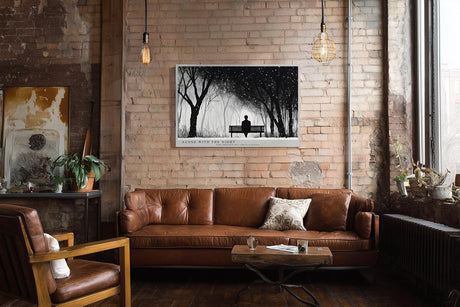 Paul Sinus Wandbild 120x80cm winterlicher Park bei Nacht Silhouette auf Bank monochrome Landschaftskunst ruhige Wanddekoration fuer Wohnzimmer Büro