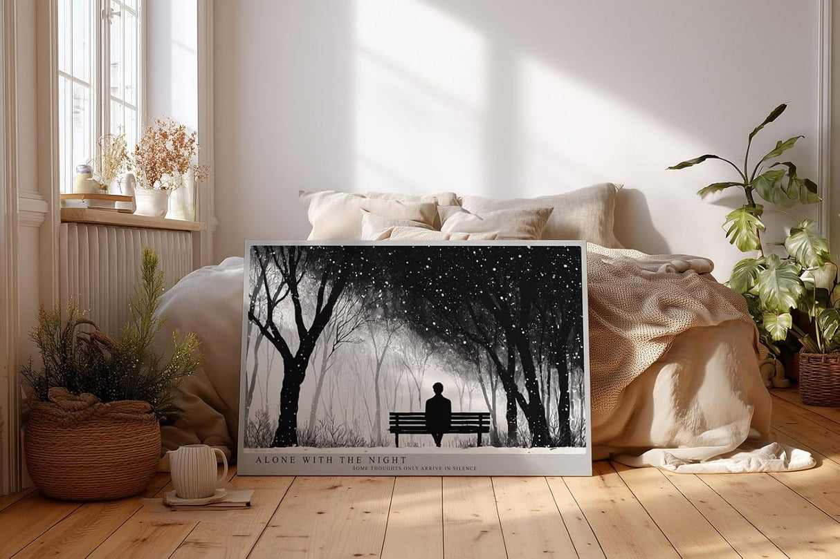 Paul Sinus Wandbild 120x80cm winterlicher Park bei Nacht Silhouette auf Bank monochrome Landschaftskunst ruhige Wanddekoration fuer Wohnzimmer Büro