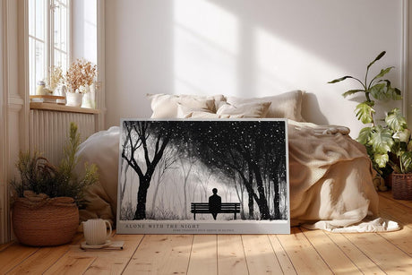 Paul Sinus Wandbild 120x80cm winterlicher Park bei Nacht Silhouette auf Bank monochrome Landschaftskunst ruhige Wanddekoration fuer Wohnzimmer Büro