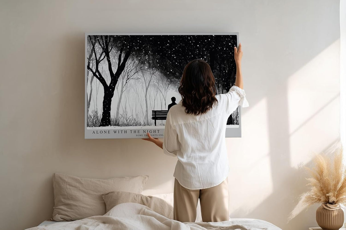 Paul Sinus Wandbild 120x80cm winterlicher Park bei Nacht Silhouette auf Bank monochrome Landschaftskunst ruhige Wanddekoration fuer Wohnzimmer Büro