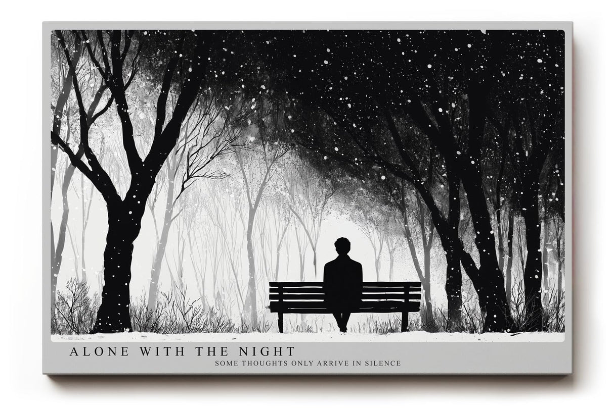 Paul Sinus Wandbild 120x80cm winterlicher Park bei Nacht Silhouette auf Bank monochrome Landschaftskunst ruhige Wanddekoration fuer Wohnzimmer Büro