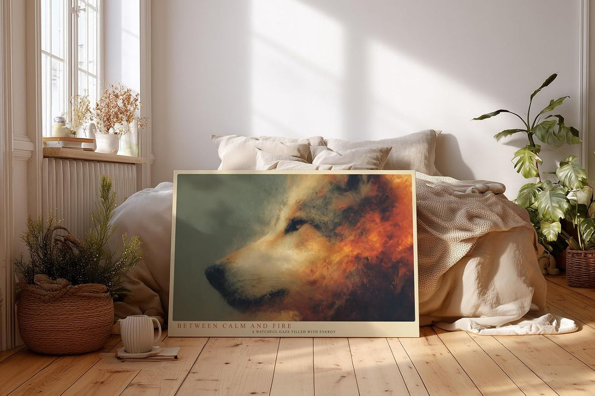 Paul Sinus Wandbild 120x80cm Wolf Portrait modern Tierkunst rot orange Kunstdruck grosses Kunstbild ausdrucksstarke Wanddekoration fuer Wohnzimmer Büro