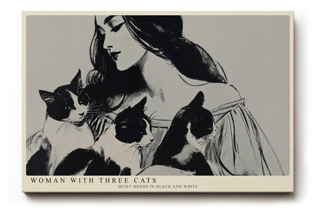 Paul Sinus Wandbild 120x80cm Woman with Three Cats schwarz weiß Illustration Frau mit Katzen Kunst Poster für Wohnzimmer Schlafzimmer