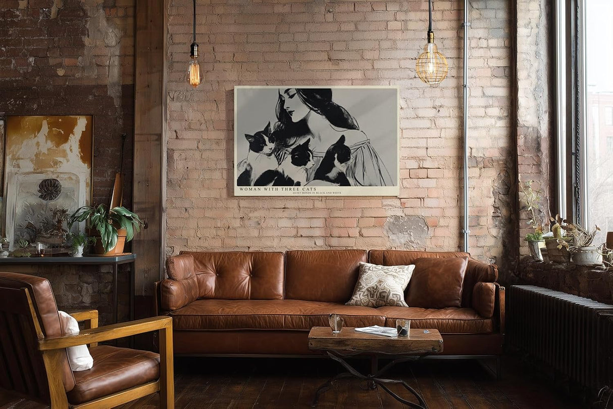Paul Sinus Wandbild 120x80cm Woman with Three Cats schwarz weiß Illustration Frau mit Katzen Kunst Poster für Wohnzimmer Schlafzimmer