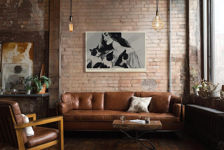 Paul Sinus Wandbild 120x80cm Woman with Three Cats schwarz weiß Illustration Frau mit Katzen Kunst Poster für Wohnzimmer Schlafzimmer