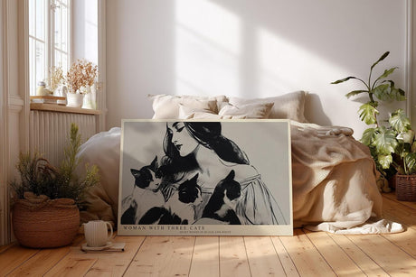 Paul Sinus Wandbild 120x80cm Woman with Three Cats schwarz weiß Illustration Frau mit Katzen Kunst Poster für Wohnzimmer Schlafzimmer