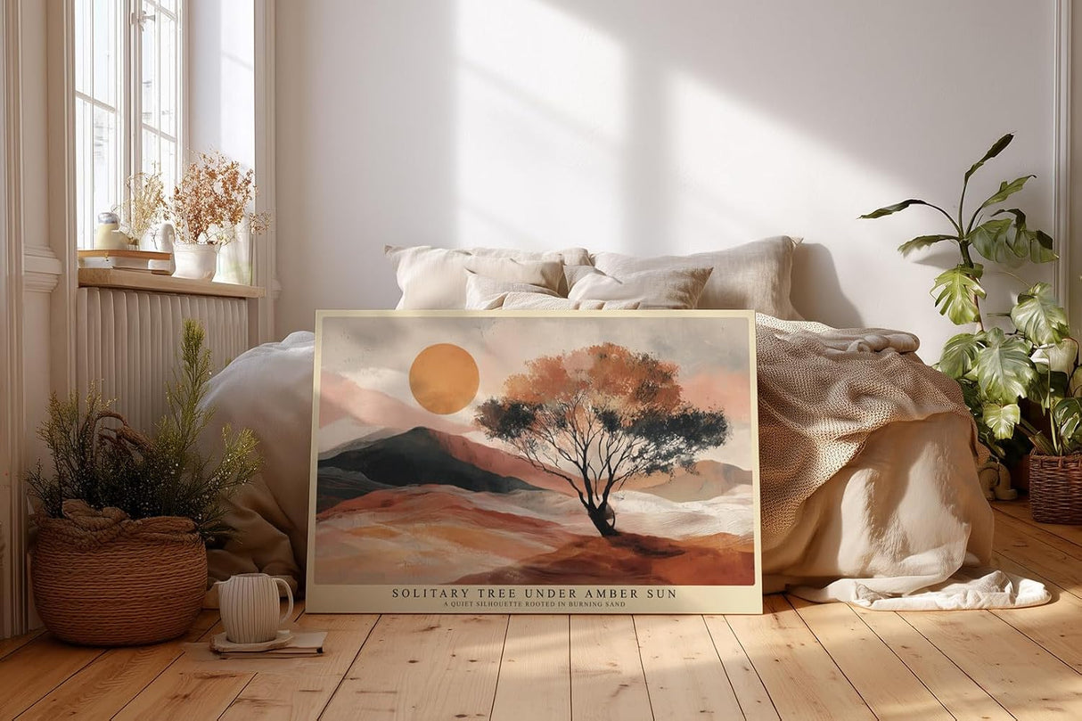 Paul Sinus Wandbild 120x80cm Wuestenlandschaft mit Baum und Sonne Warme Naturkunst in Orange und Beige fuer moderne Wohnräume